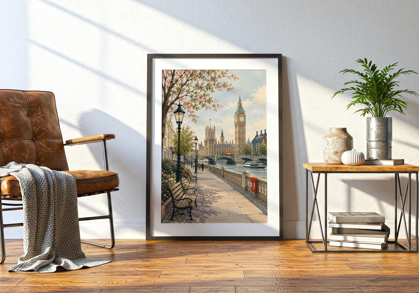Framed London painting displayed in a bright elegant room with white panelled walls and a natural wood frame.