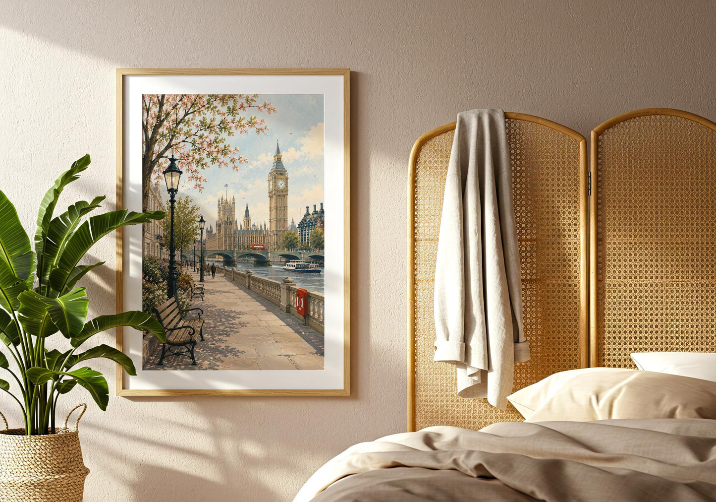 Anglophile wall decor with a painterly London cityscape, flowering branches, classic lamps and the Houses of Parliament.