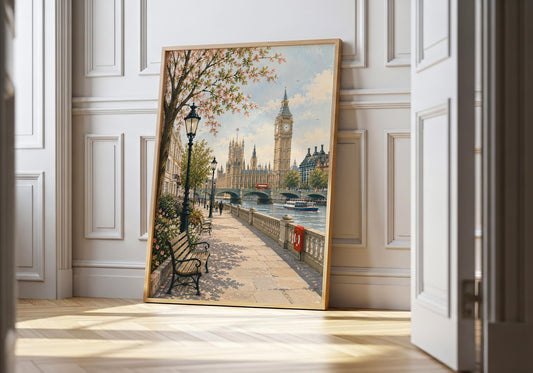 Romantic London art print showing Big Ben and the Palace of Westminster beside the River Thames on a bright spring day.
