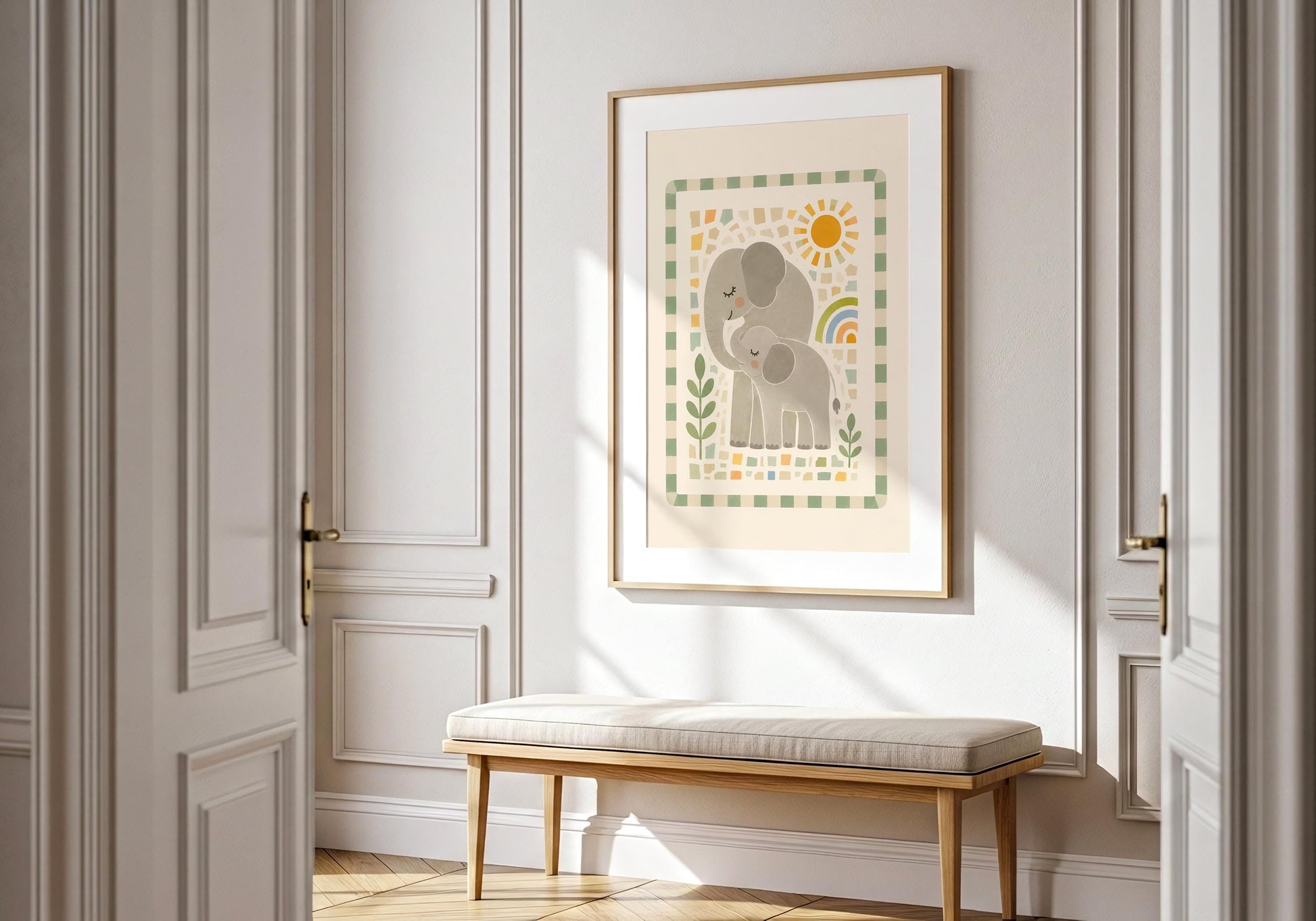 Gender-neutral animal nursery artwork in muted cream, grey, green, yellow and soft orange tones.