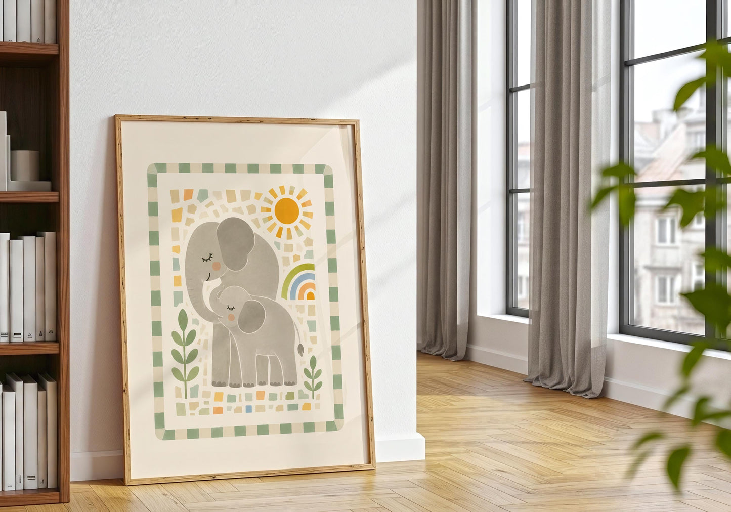 Boho safari nursery artwork with a grey adult elephant and baby elephant beneath a golden sun.