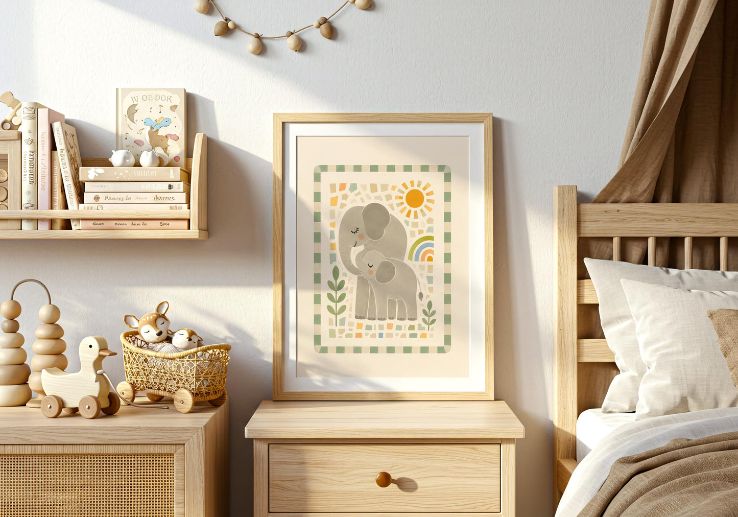 Neutral nursery wall art featuring two affectionate elephants surrounded by botanical and mosaic-style details.