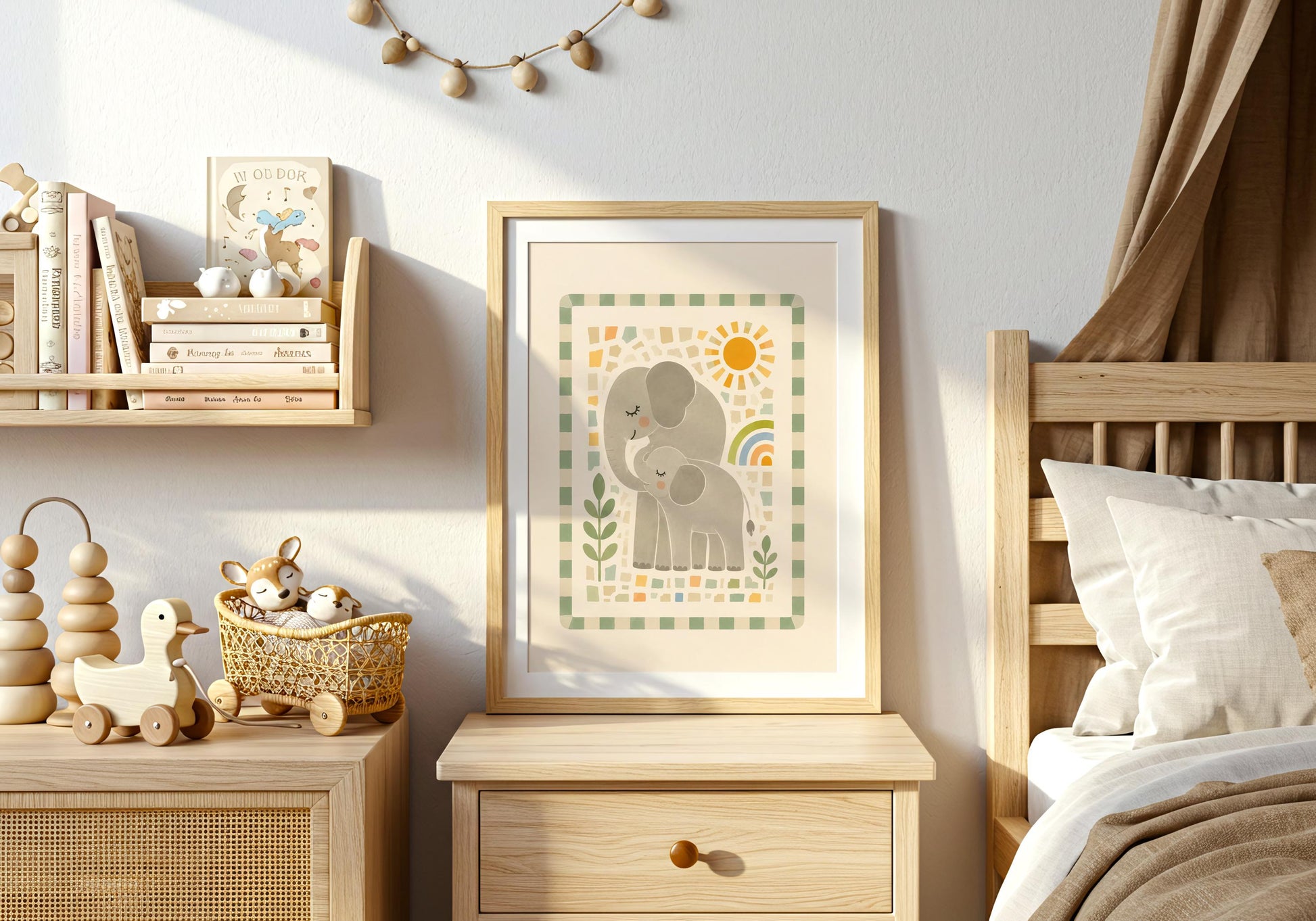Neutral nursery wall art featuring two affectionate elephants surrounded by botanical and mosaic-style details.