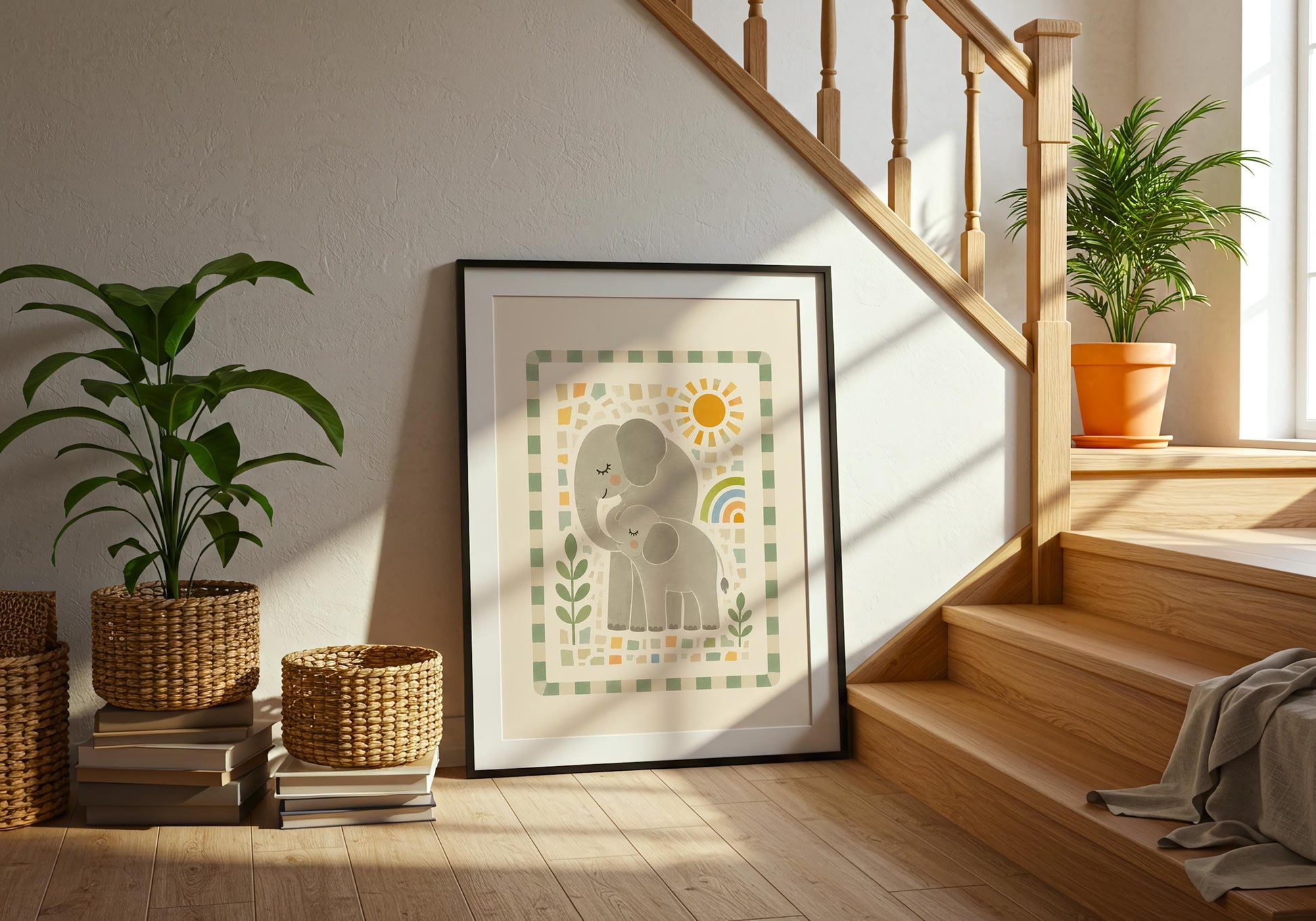 Large framed elephant and baby art print styled in a light interior with natural wood flooring and warm sunlight.
