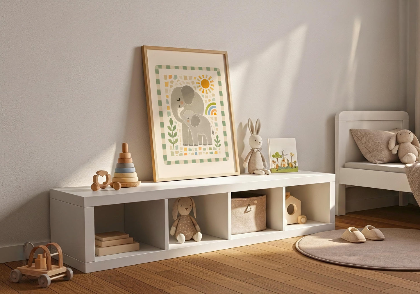 Modern elephant nursery wall art with a gentle parent-and-child theme and playful Scandinavian-inspired colours.