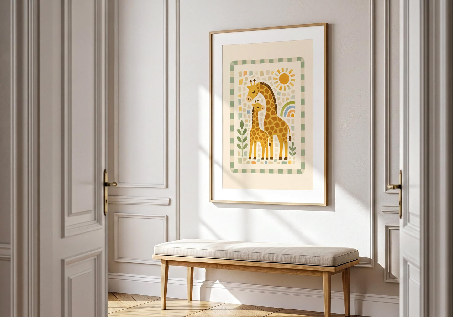 Gender-neutral nursery wall art with giraffes, leafy plants, a small rainbow and decorative green border.