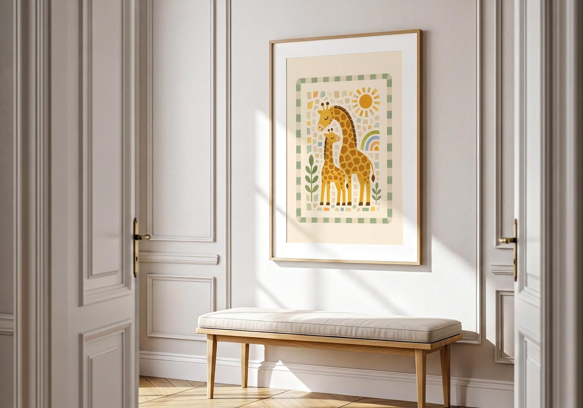Gender-neutral nursery wall art with giraffes, leafy plants, a small rainbow and decorative green border.