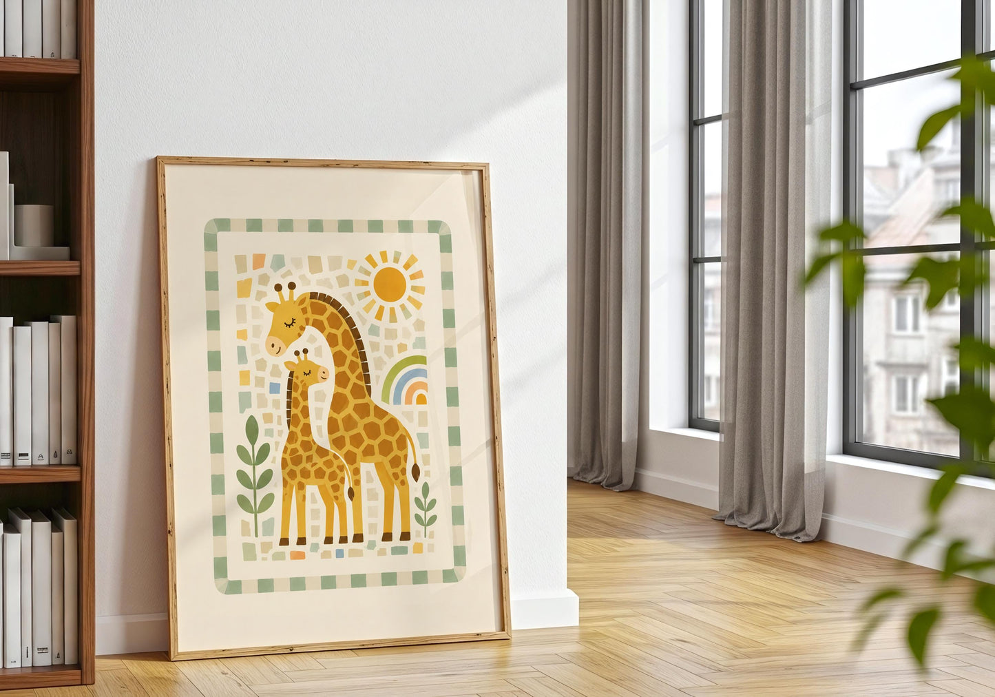 Neutral giraffe nursery artwork in warm yellow, sage green, cream and muted rainbow colours.