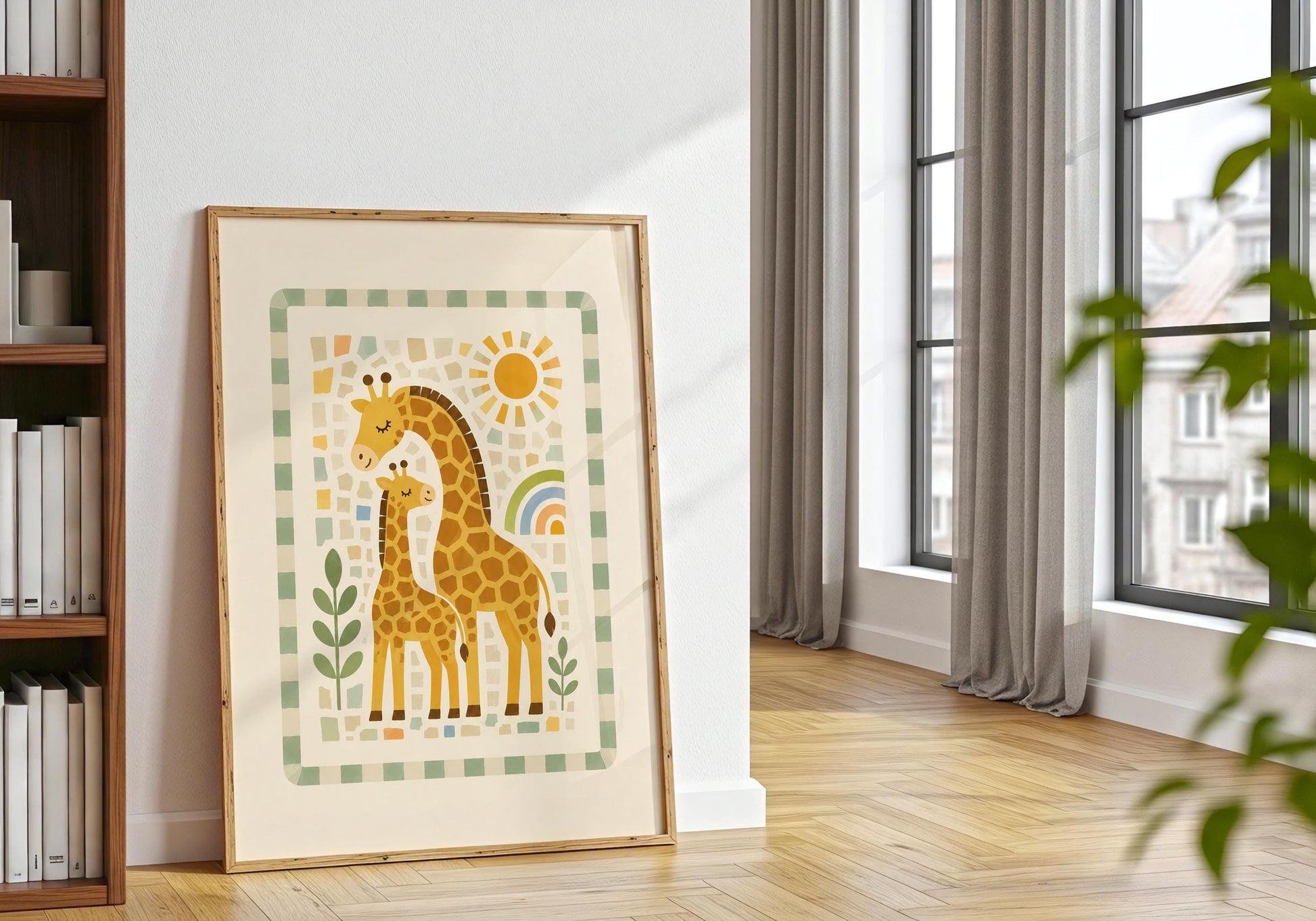 Neutral giraffe nursery artwork in warm yellow, sage green, cream and muted rainbow colours.