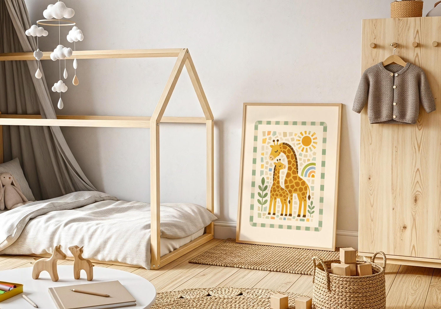 Boho safari animal print featuring an adult giraffe and calf beneath a cheerful illustrated sun.