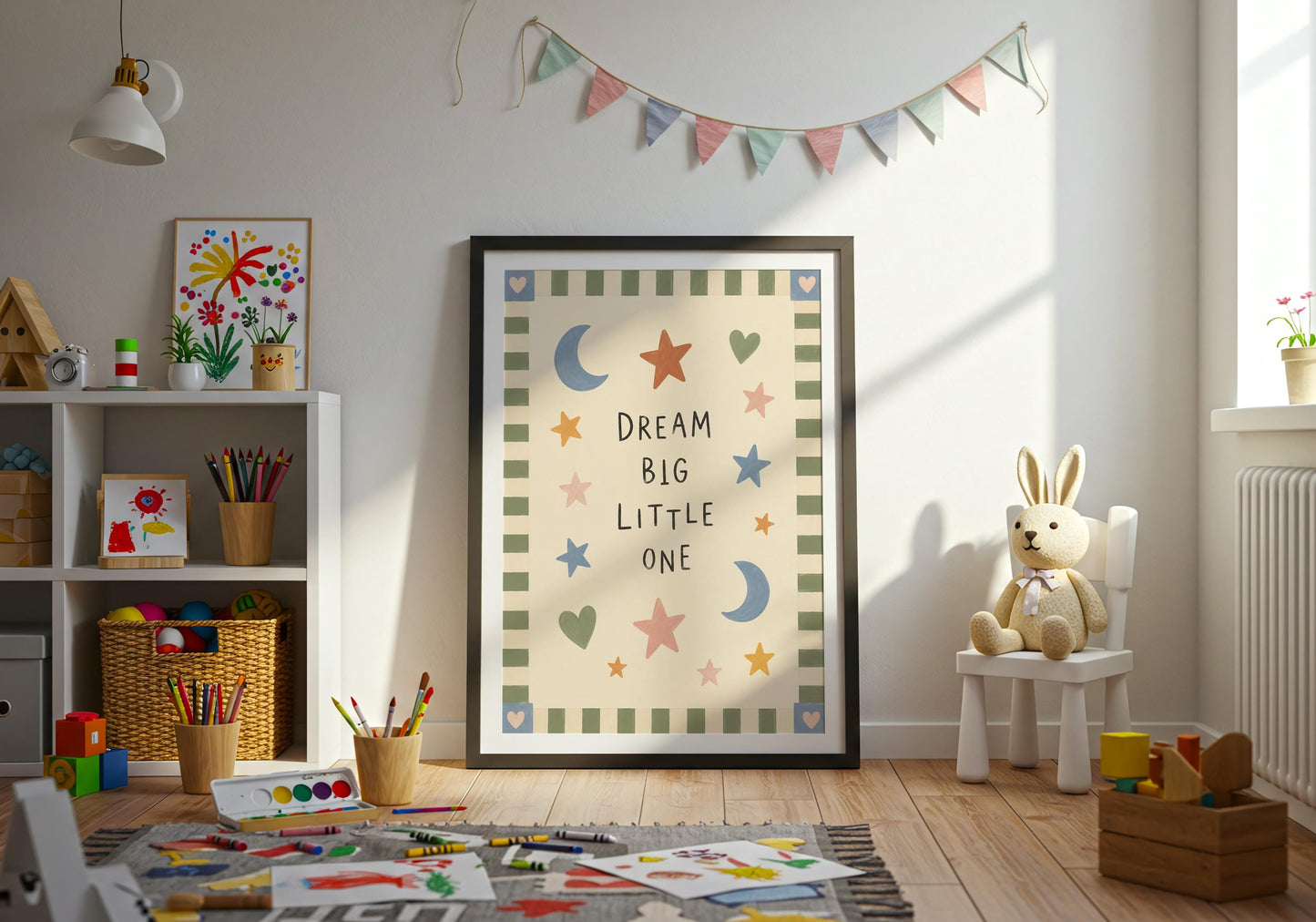 Colourful nursery quote print with relaxed hand-lettering and a playful striped border.