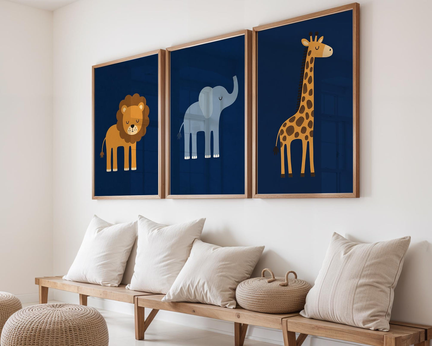 Safari animal wall art trio displayed in natural wood frames in a bright modern children's room.