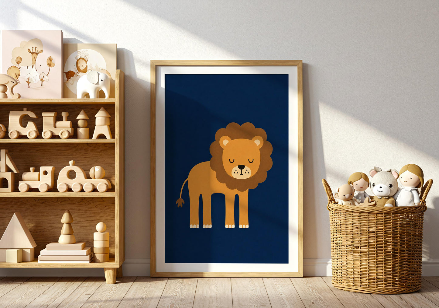 Navy blue nursery gallery wall featuring coordinated giraffe, elephant and lion animal illustrations.