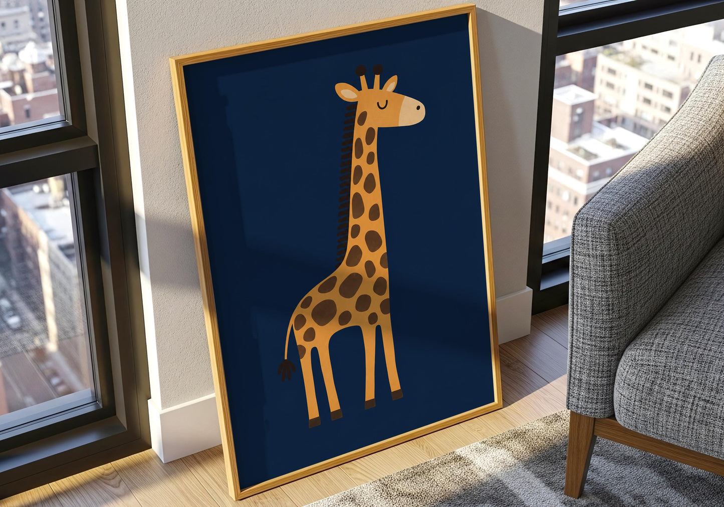 Giraffe nursery art print with a warm ochre and brown spotted giraffe on a deep navy blue background.