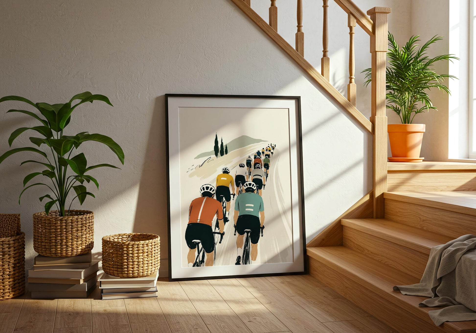 Minimalist cycling illustration with a peloton of riders, distant hills and tall dark green trees.