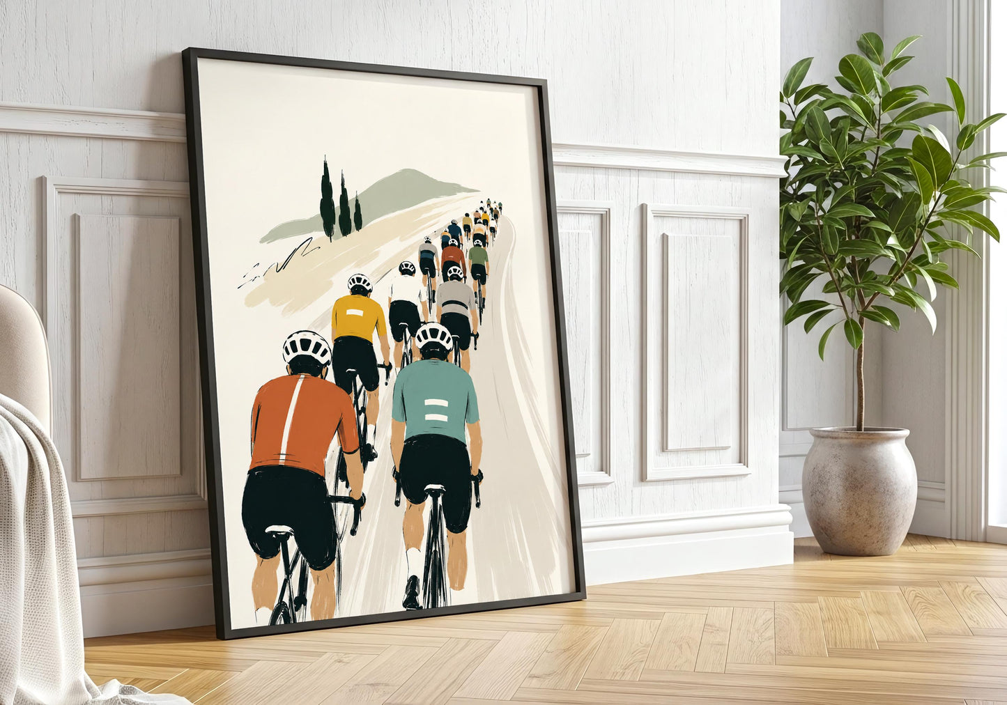 Retro cycling art print featuring road cyclists in burnt orange, sage green and mustard yellow jerseys.