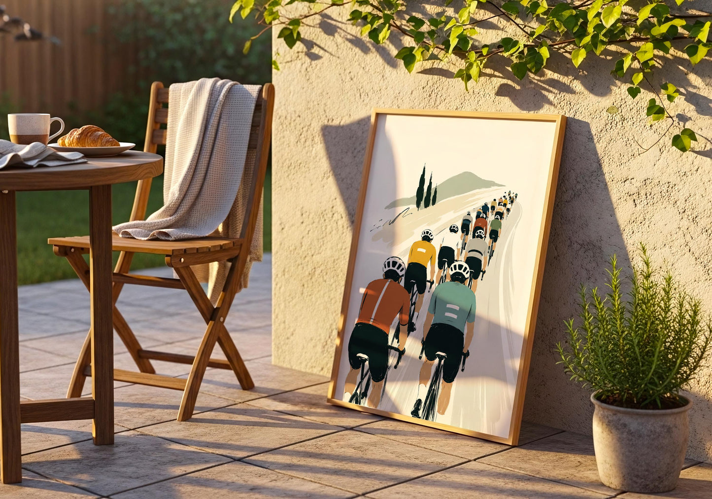 Painterly bicycle print showing cyclists viewed from behind as they ride together along an open road.