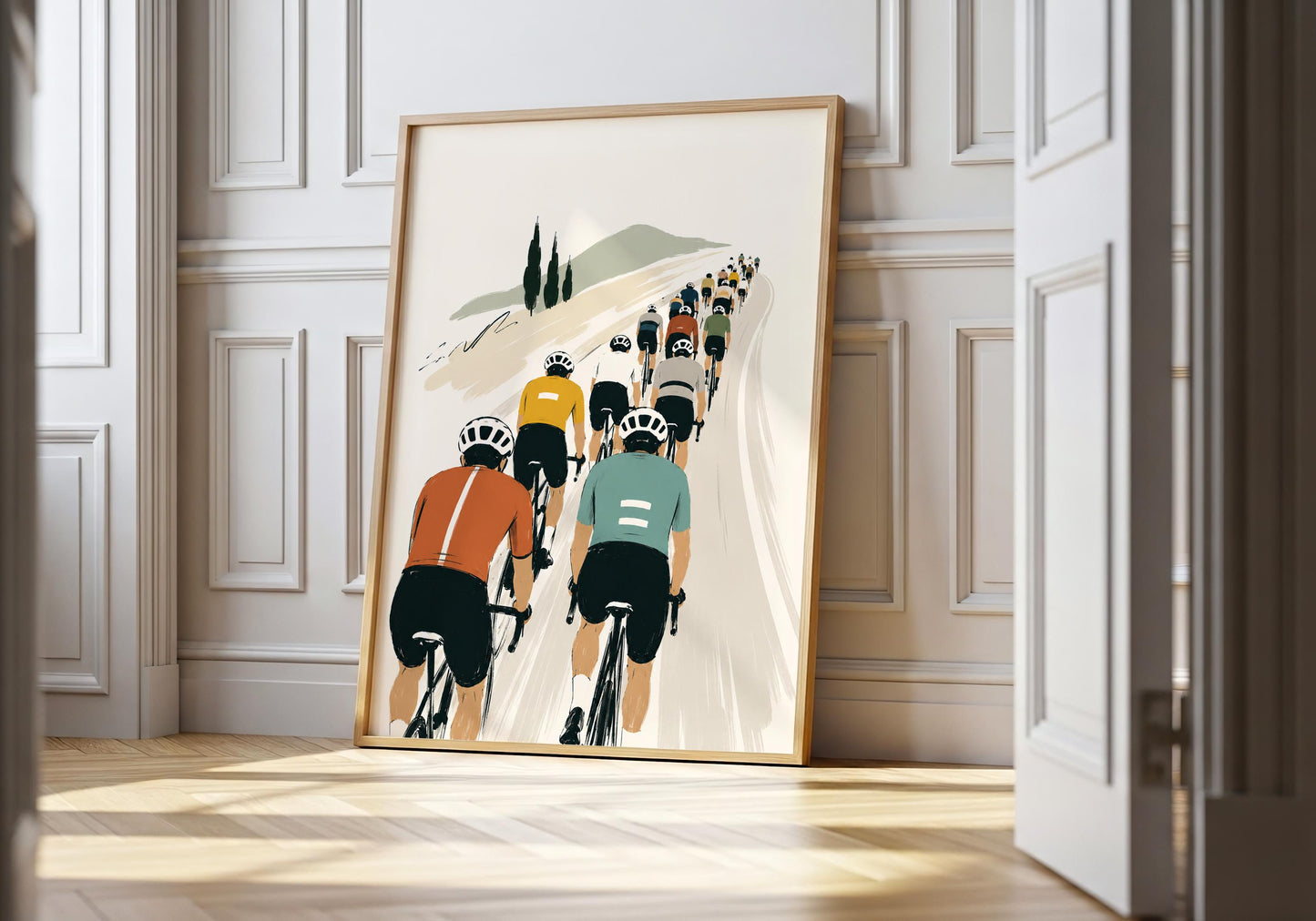 Cycling wall art showing a colourful road bike peloton climbing through a minimalist countryside landscape.