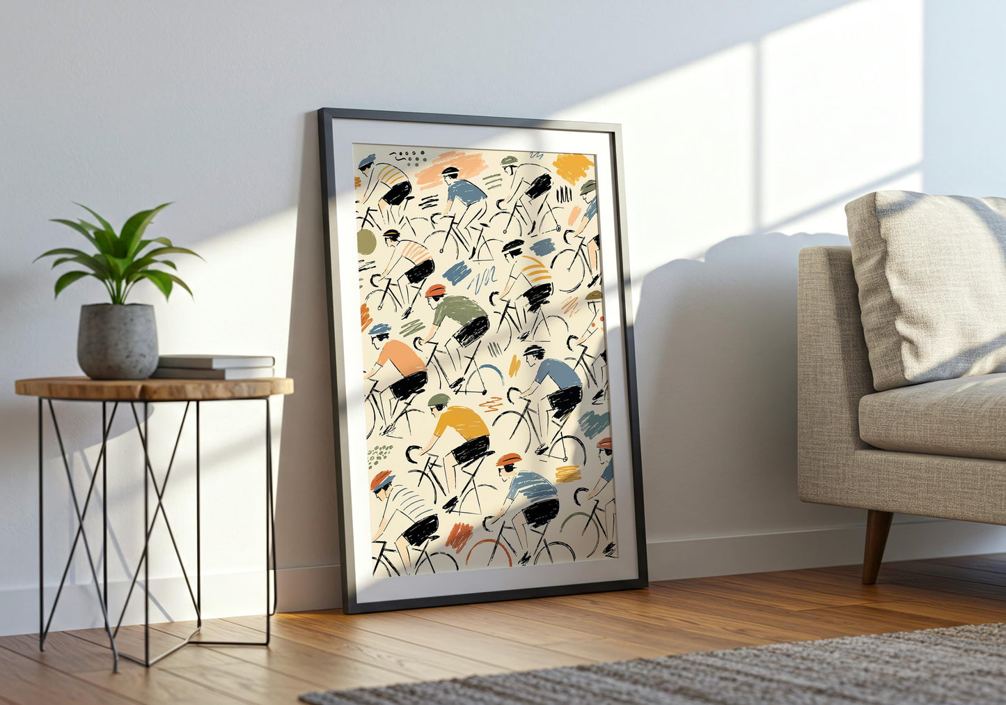 Mid-century sports wall art combining road cycling imagery with mustard, blue, orange and olive details.