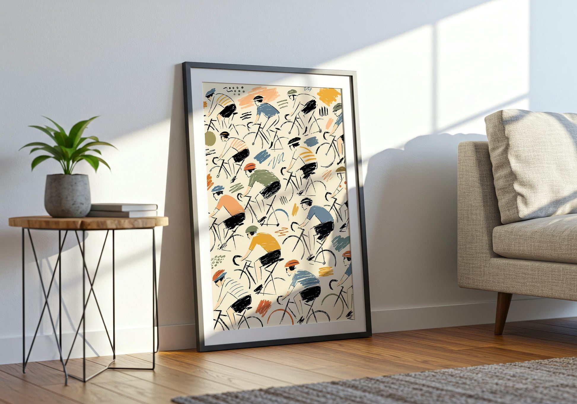 Mid-century sports wall art combining road cycling imagery with mustard, blue, orange and olive details.