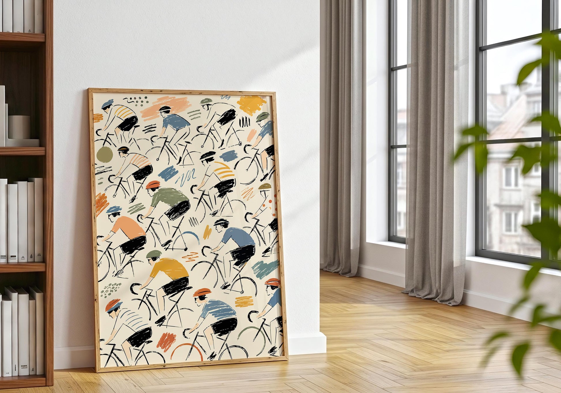 Vintage-style sports illustration featuring multiple road cyclists surrounded by playful abstract brush marks.