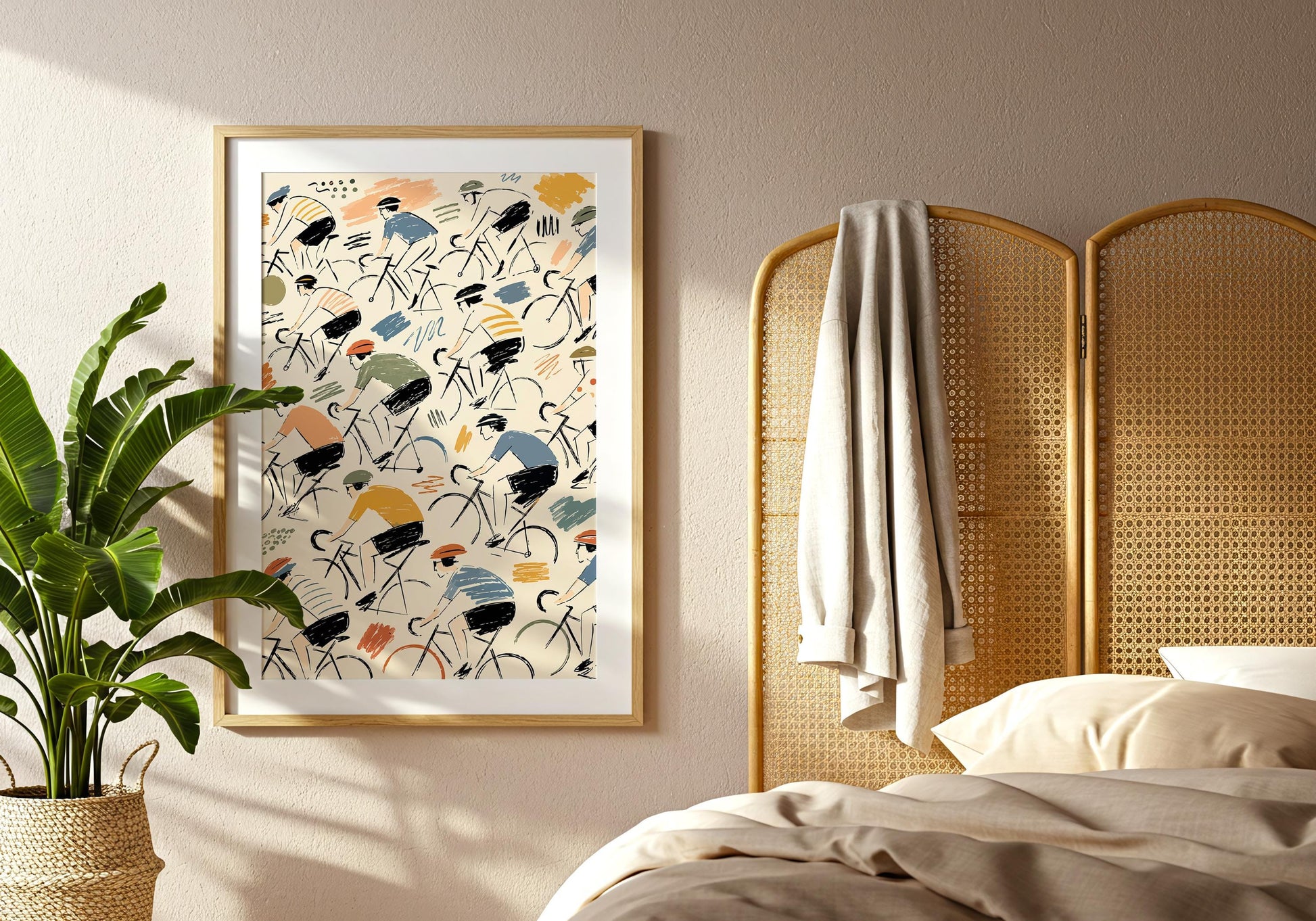 Design-led cyclist gift print featuring hand-drawn road bikes and expressive retro abstract markings.