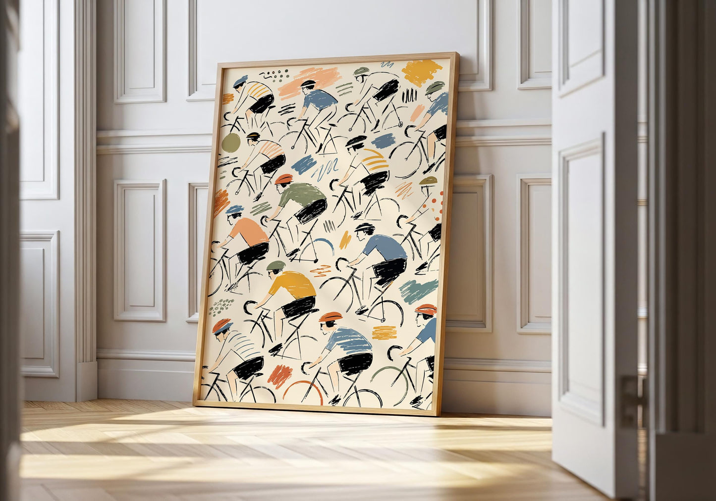 Retro cycling wall art featuring a repeating pattern of hand-drawn road cyclists on a warm cream background.