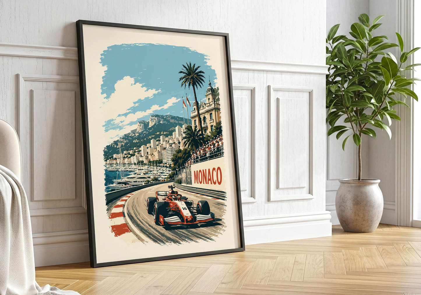 Monaco Grand Prix inspired wall art featuring a racing car, palm trees, grand architecture and Mediterranean blue sky.