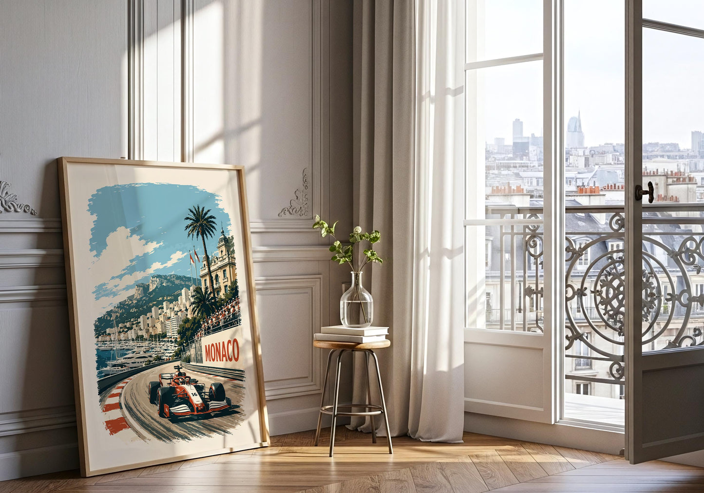 Framed vintage motorsport print displayed in a natural wood frame against an elegant neutral panelled wall.