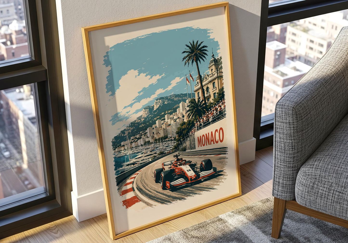 Motorsport wall art featuring Monaco's coastal skyline, harbour yachts, palm trees and a red racing car.