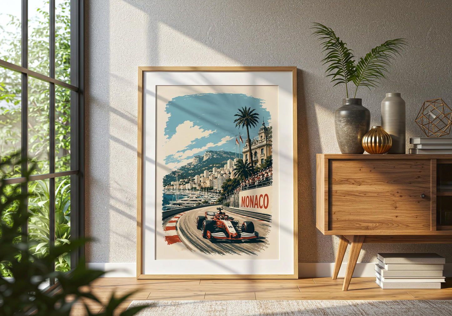 Retro racing fan gift print showing an open-wheel car on a Monaco circuit beneath a sunny Mediterranean skyline.