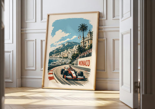 Vintage-style Monaco racing poster showing a red open-wheel race car speeding around a street circuit beside the harbour.