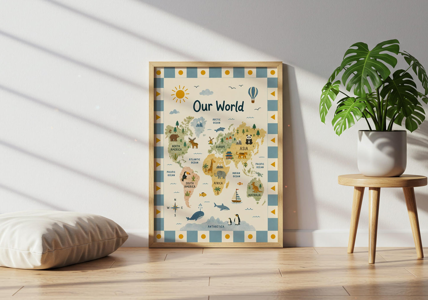 Vintage-inspired kids geography print with a blue checkerboard border and colourful illustrated continents.
