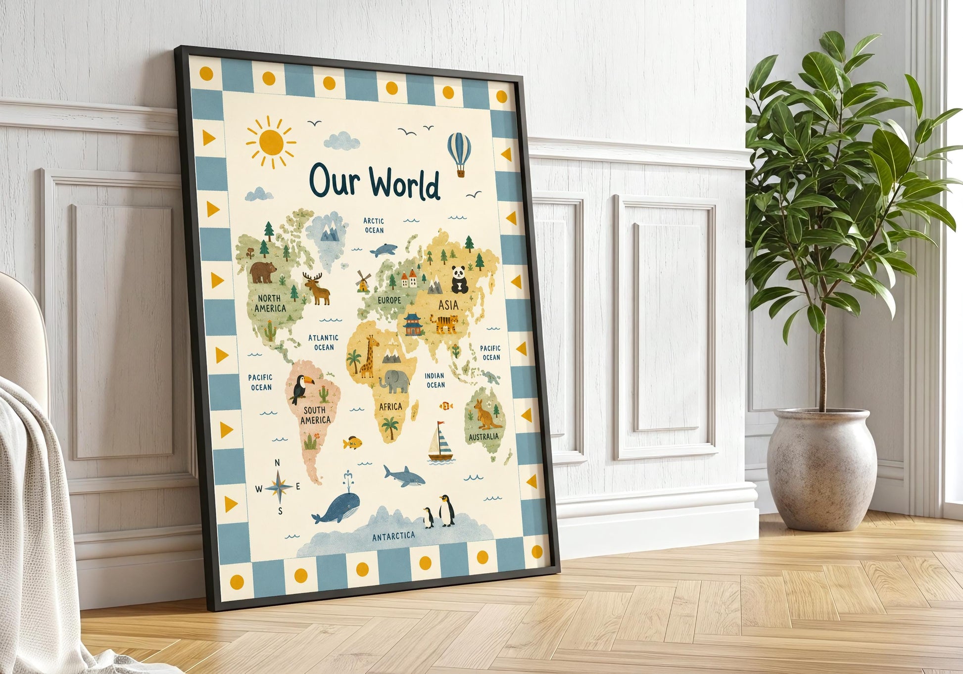 Educational world map poster for a nursery featuring animals, landmarks and playful geography illustrations.
