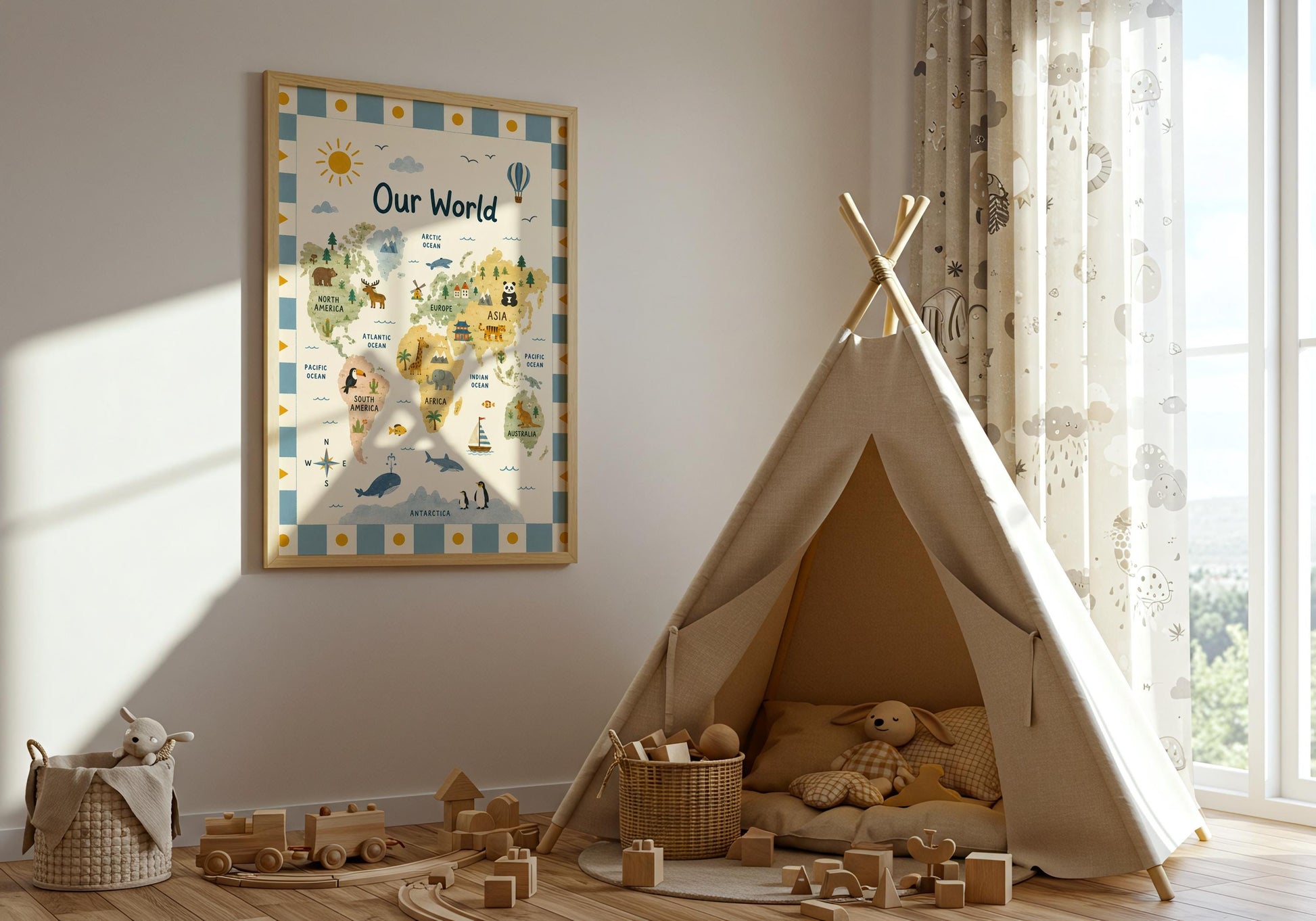 Framed children’s world map artwork displayed against a white panelled wall in a bright neutral interior.