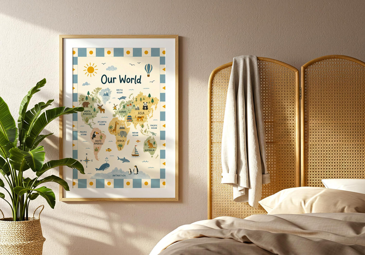 Little explorer nursery print with illustrated geography details and an educational world map design.