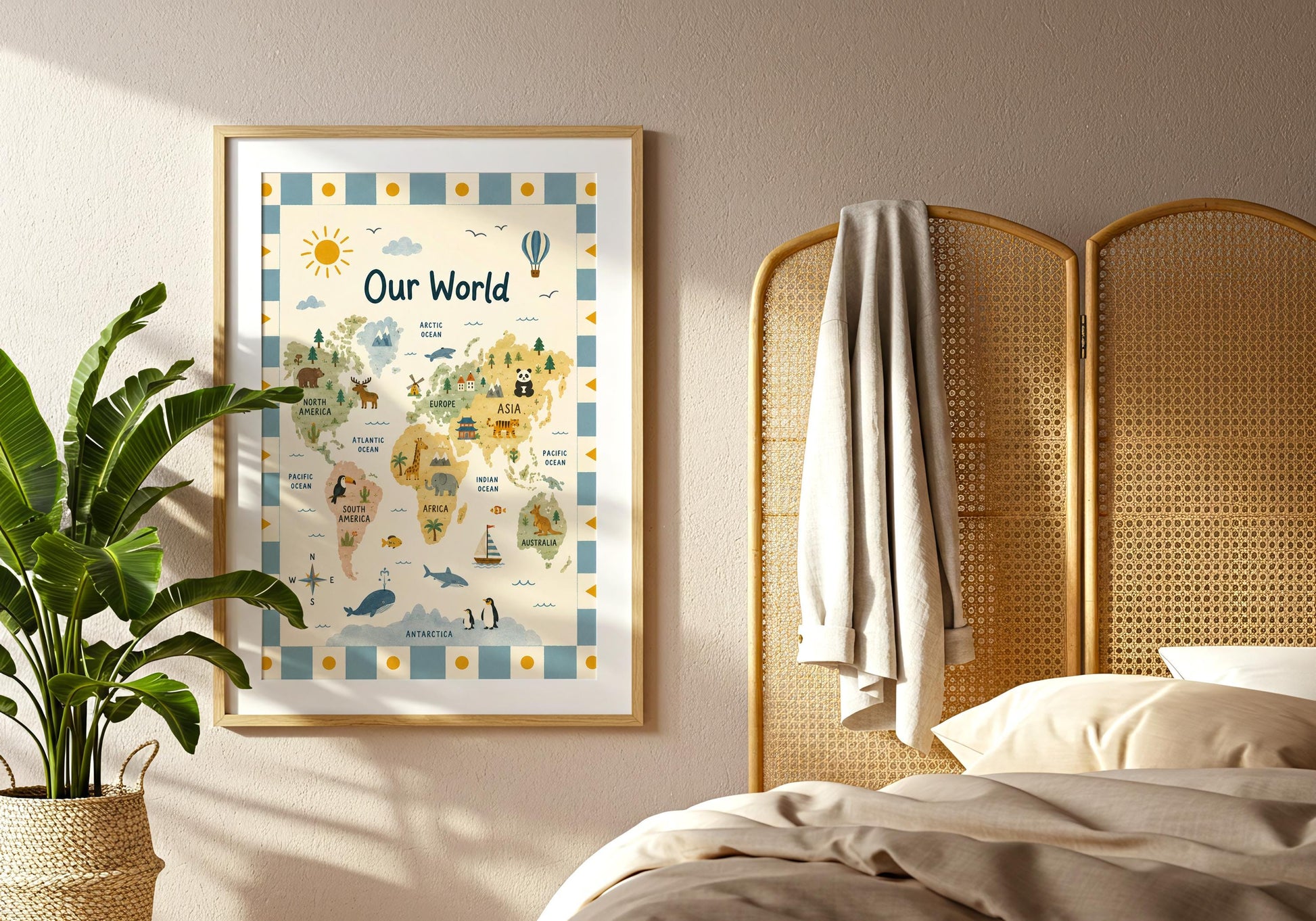 Little explorer nursery print with illustrated geography details and an educational world map design.