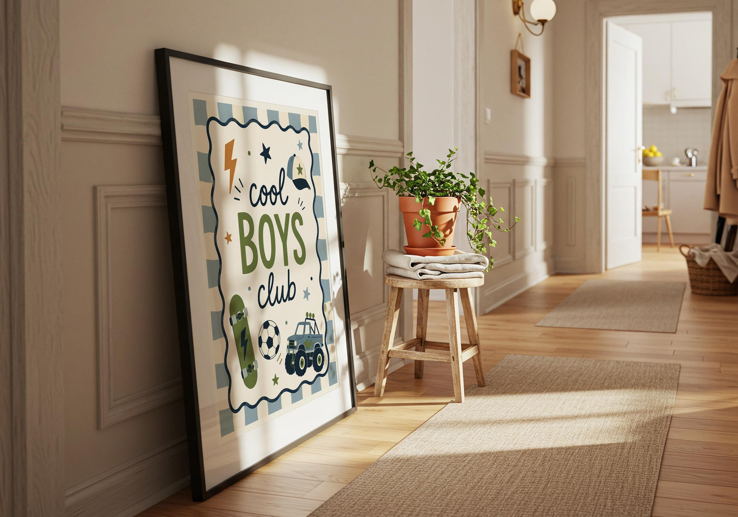 Boys room wall art with a skateboard, soccer-style football, truck, baseball cap, lightning bolts and stars.