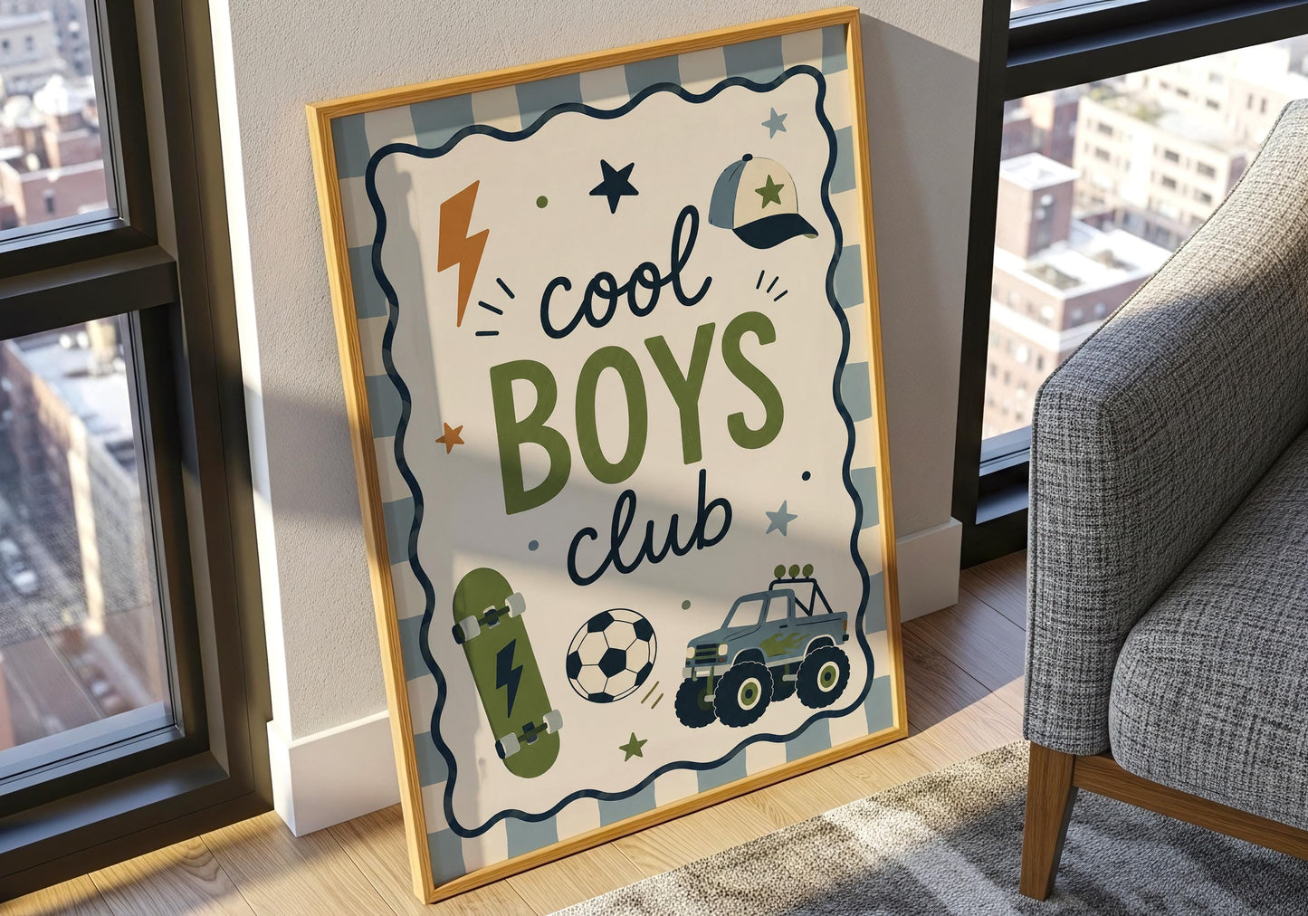Framed Cool Boys Club poster displayed against a white panelled wall in a bright children’s interior.