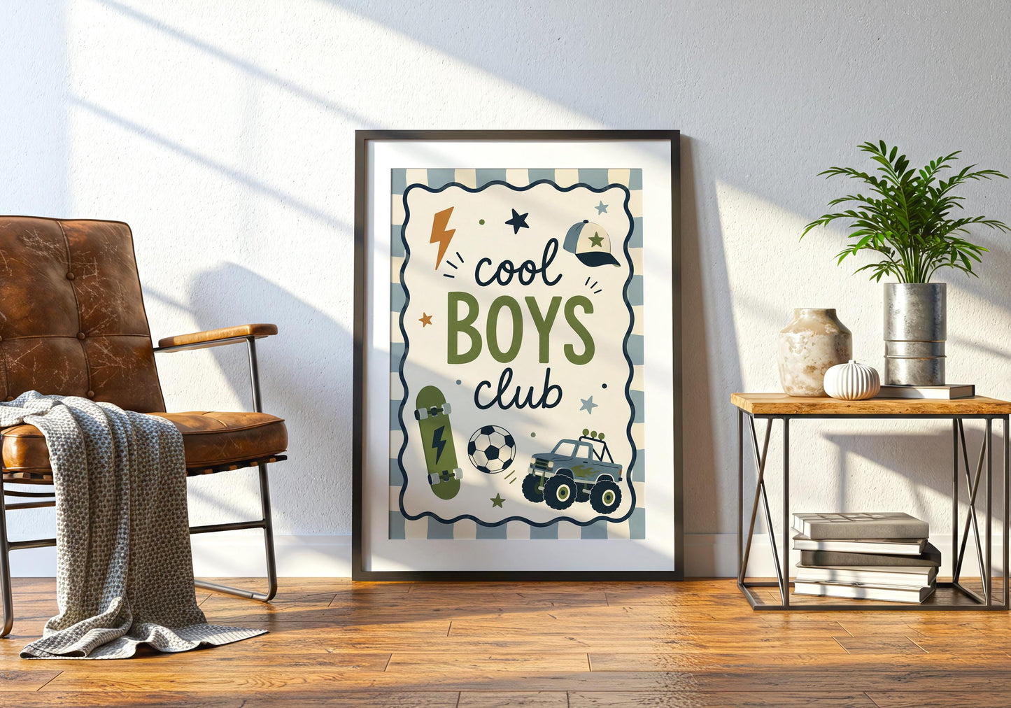 Vintage-inspired kids poster with olive green, dusty blue and warm ochre illustrations and a striped border.