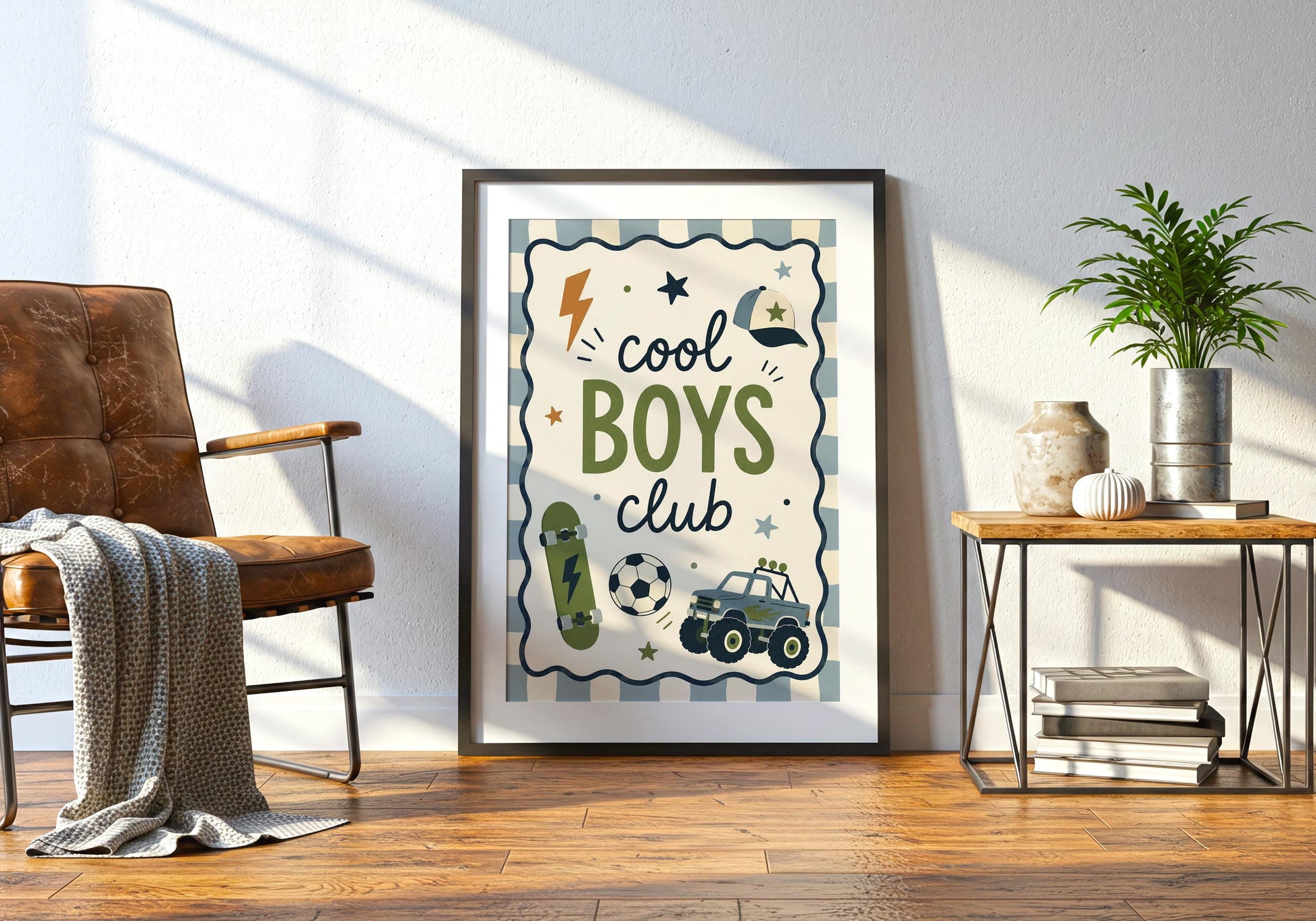 Vintage-inspired kids poster with olive green, dusty blue and warm ochre illustrations and a striped border.