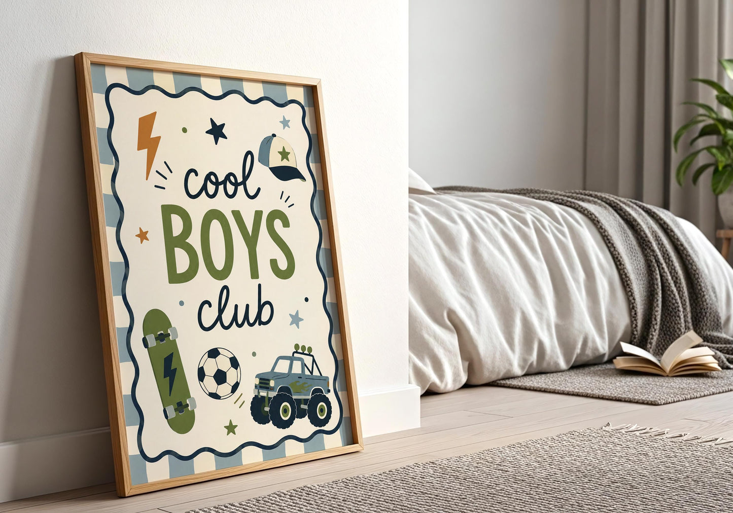 Retro kids wall print combining skateboard and truck imagery with a blue striped frame-style border.