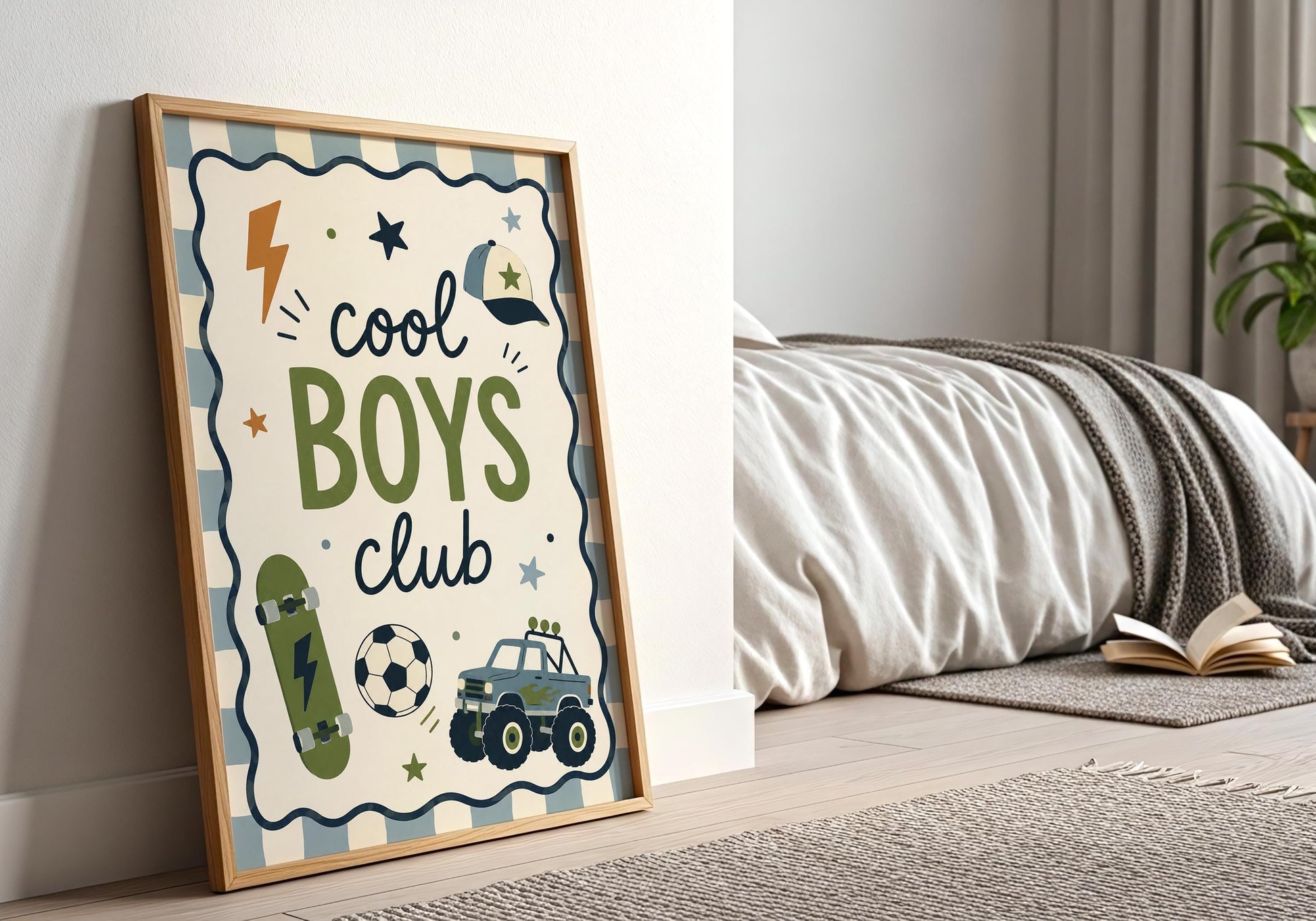 Retro kids wall print combining skateboard and truck imagery with a blue striped frame-style border.