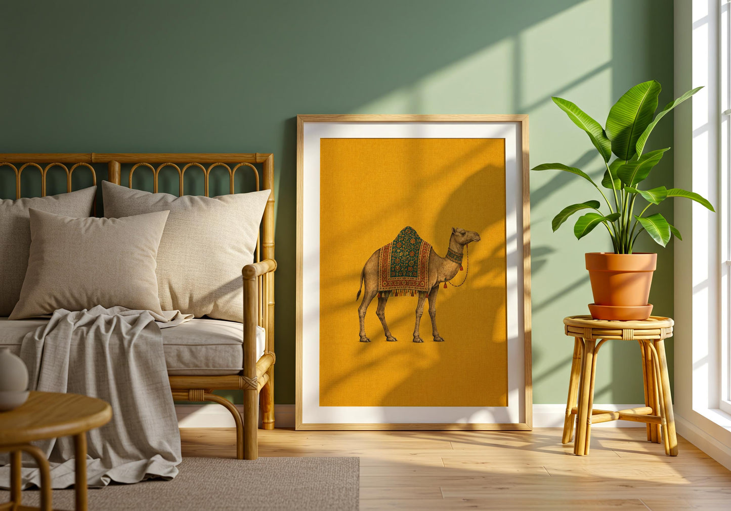 Eclectic vintage-style camel illustration with an intricately patterned saddle and minimalist yellow background.