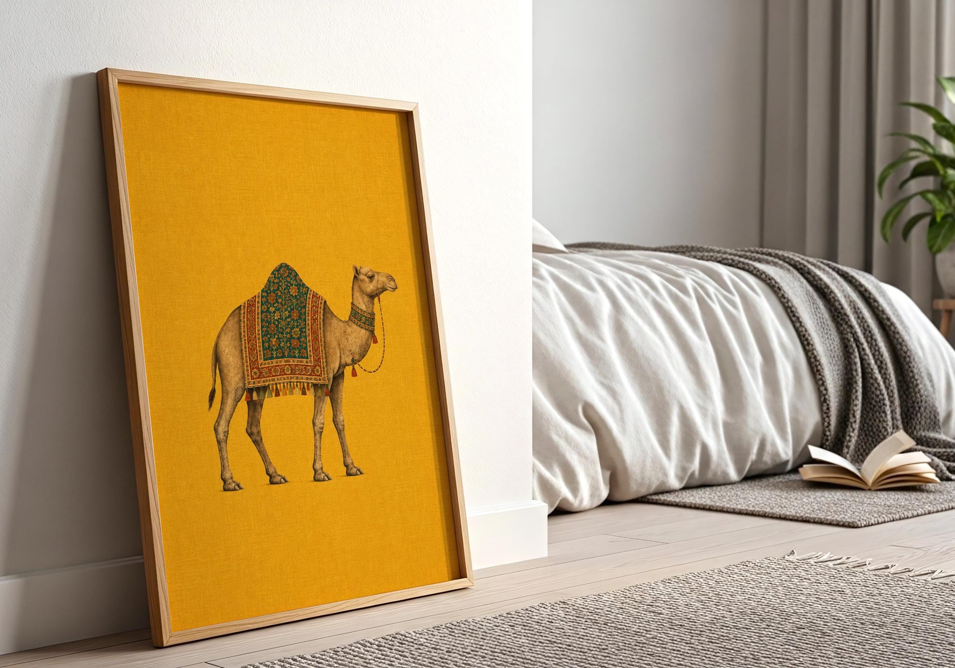 Framed mustard yellow animal print displayed against an elegant white panelled wall in a light-filled interior.