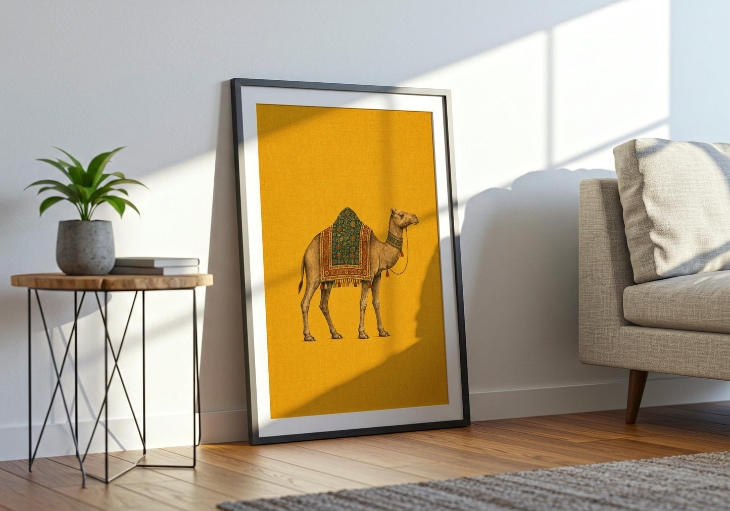 Colourful camel poster combining warm golden yellow with teal, rust and brown for a globally inspired interior.