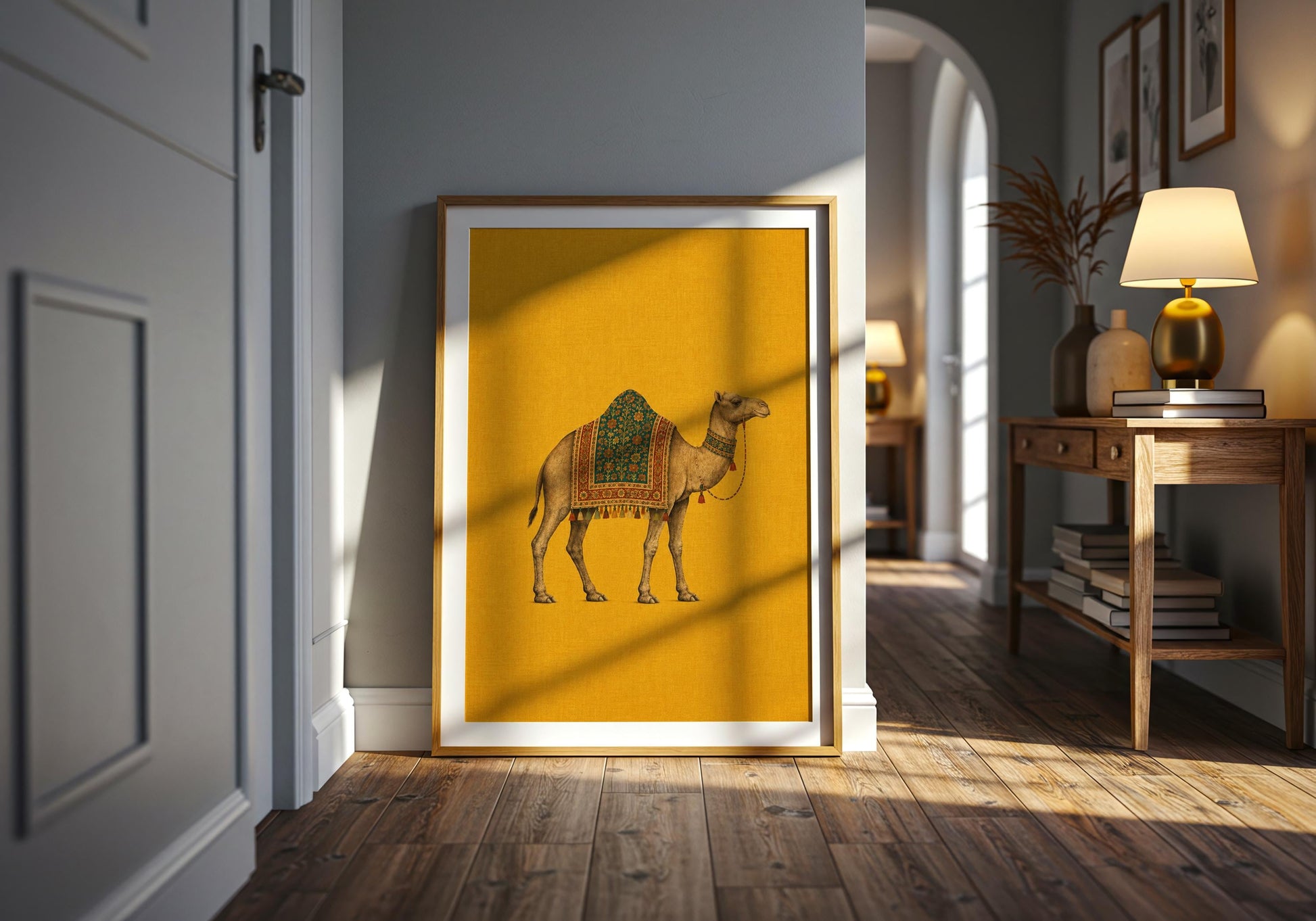 Maximalist animal wall art featuring a detailed camel and richly decorated textile against a bold mustard backdrop.