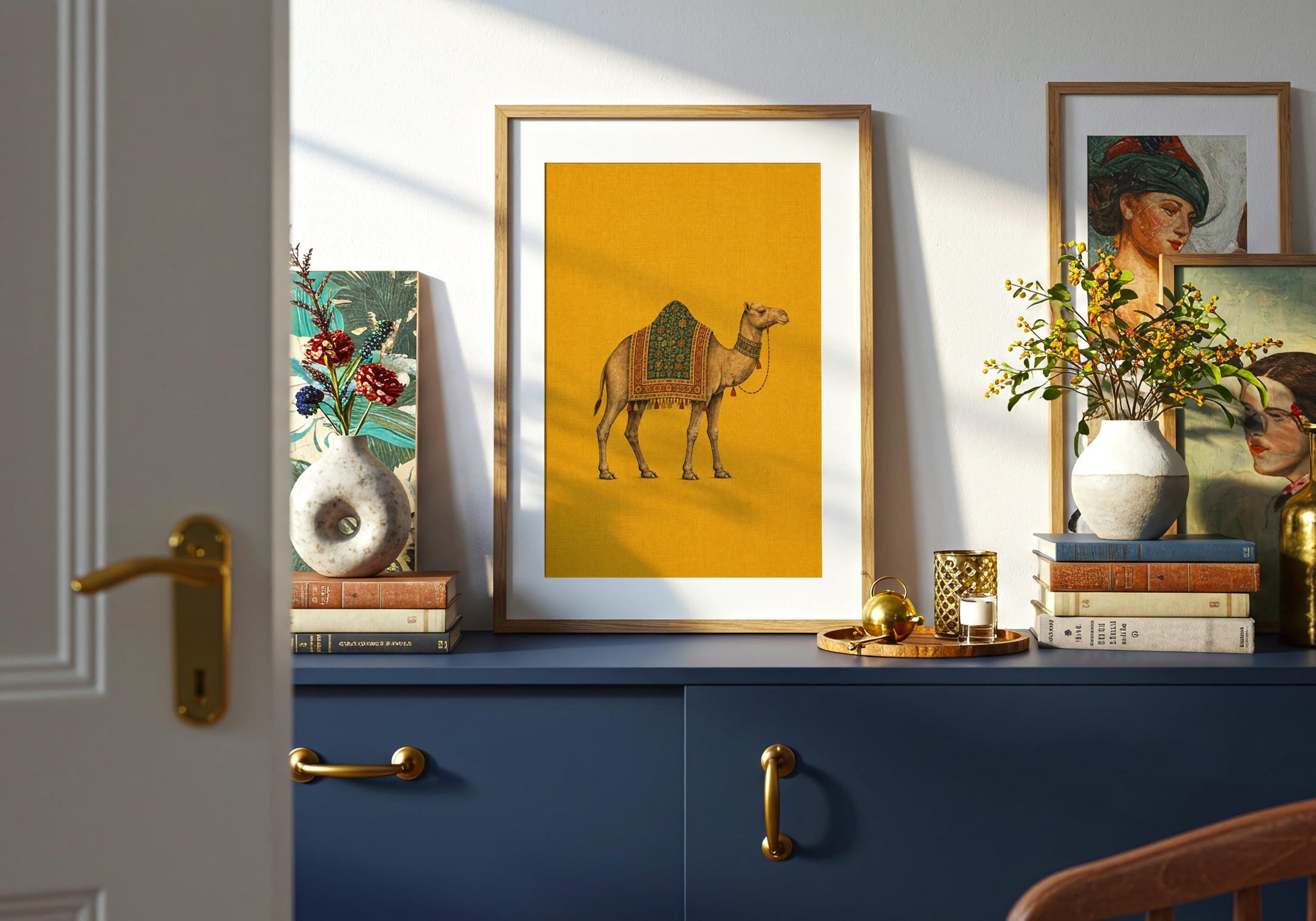 Bohemian camel artwork in mustard yellow and jewel-toned accents designed for an eclectic gallery wall or living space.