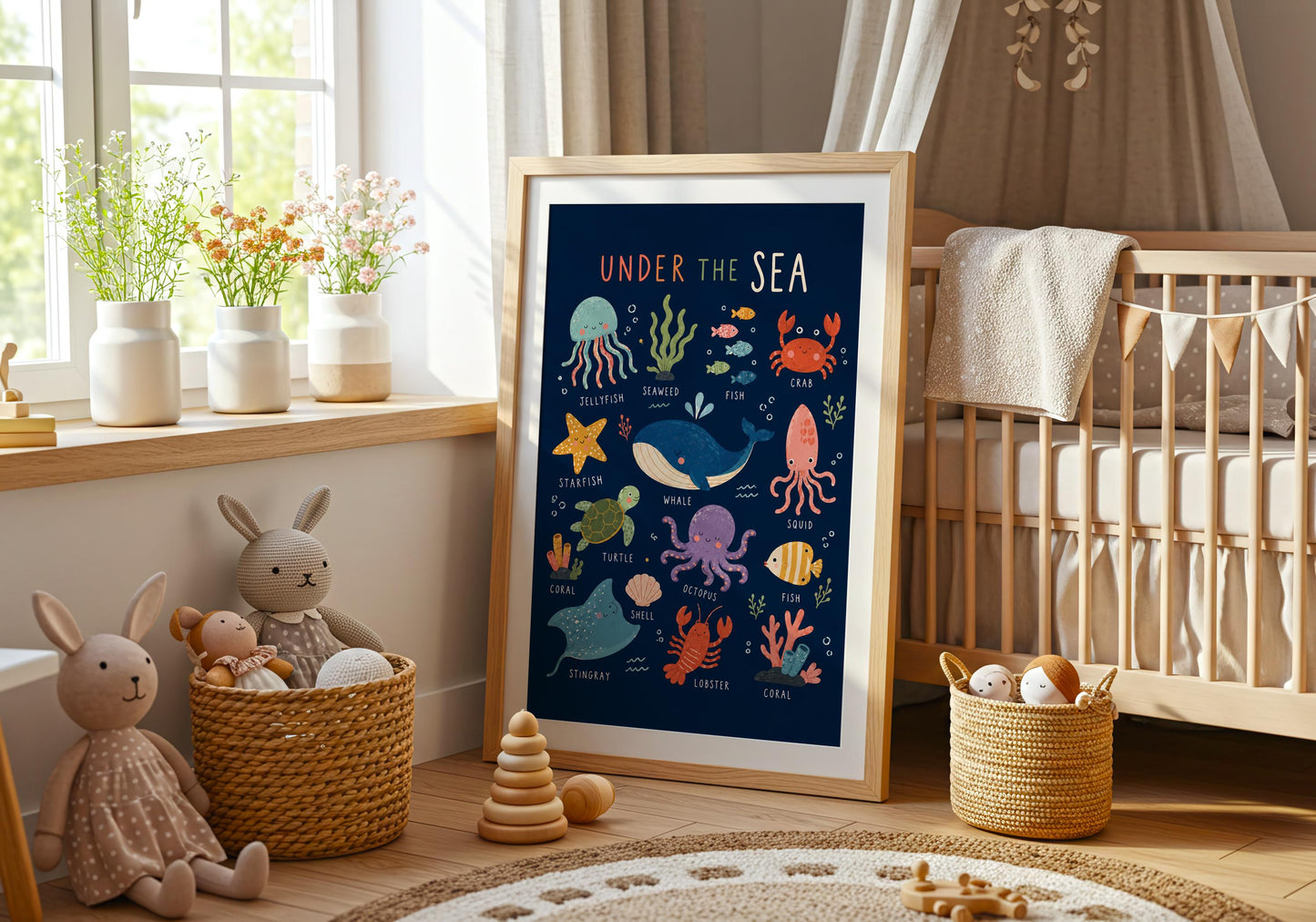 Colourful educational sea animals print with hand-painted style illustrations and simple English animal labels.