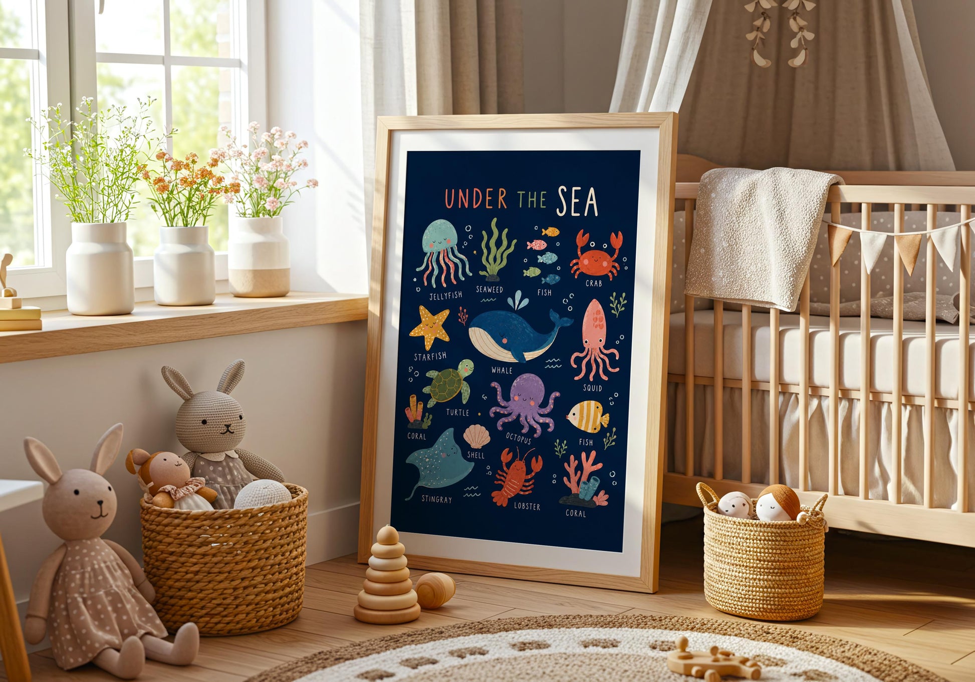 Colourful educational sea animals print with hand-painted style illustrations and simple English animal labels.